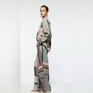 Zara Cream and Green Patterned Wide Leg Pants